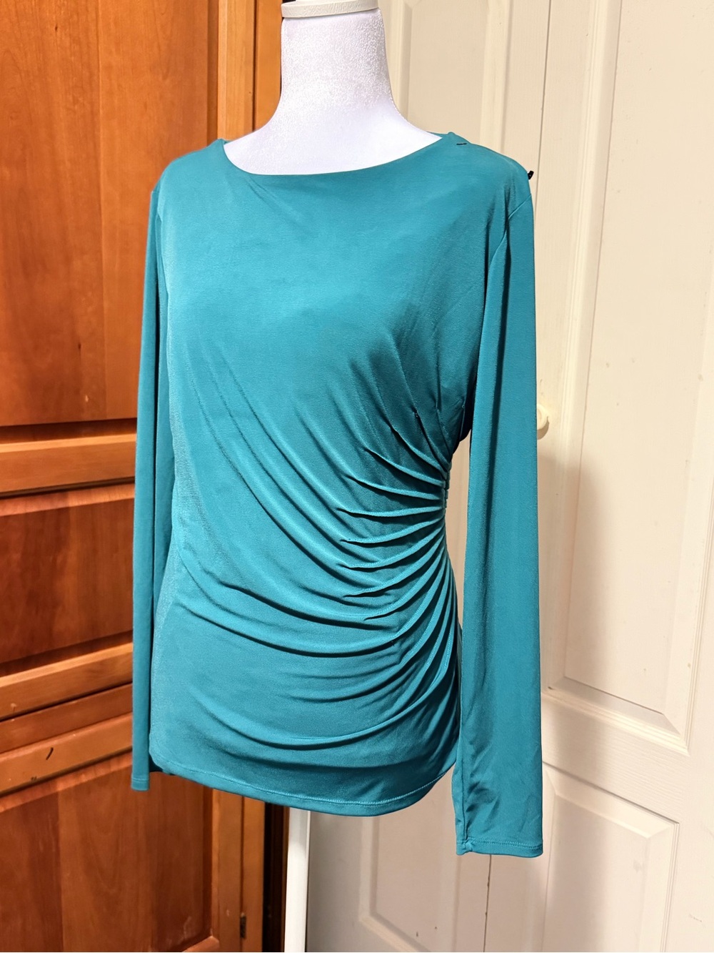 CARMEN-Ruched Teal Long-Sleeve Boatneck Top